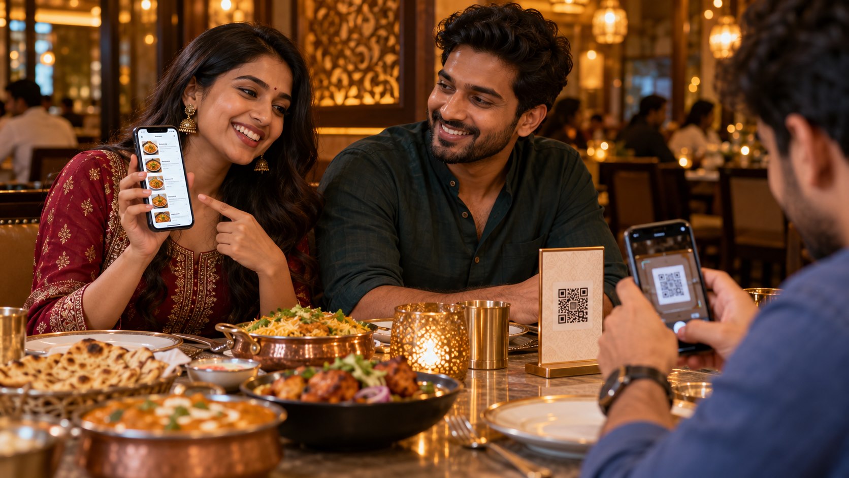 Friends at a restaurant exploring a digital menu on a phone and scanning a tabletop QR code